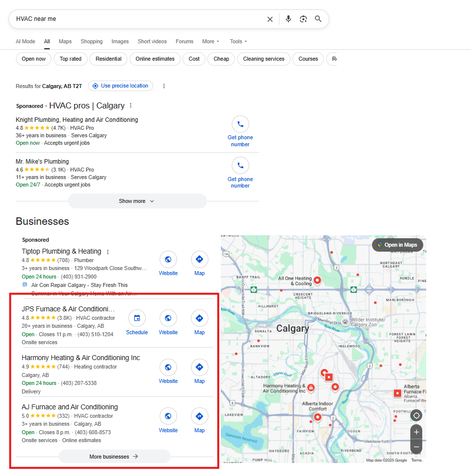 Google Search Results for an HVAC business