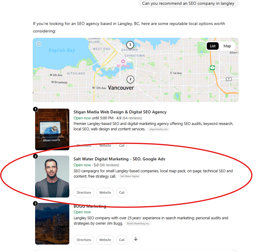 Local SEO Langley ChatGPT results